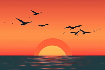 Obraz premium A vibrant sunset over the ocean with silhouettes of seagulls, isolated with room for text on a clean background