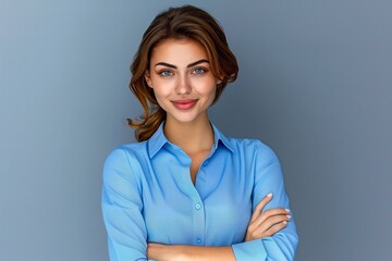 Confident Businesswoman Smiling in Blue Shirt With Arms Crossed Against Gray Background - Professional and Stylish Stock Image for Corporate Use