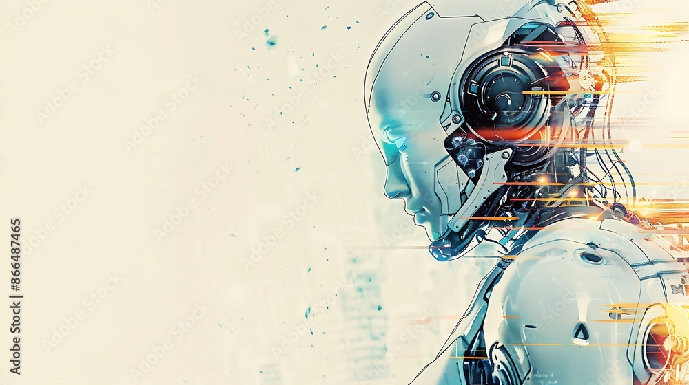 Poster a color pencil style illustration of advanced robotics in a futuristic setting copy space for text, 