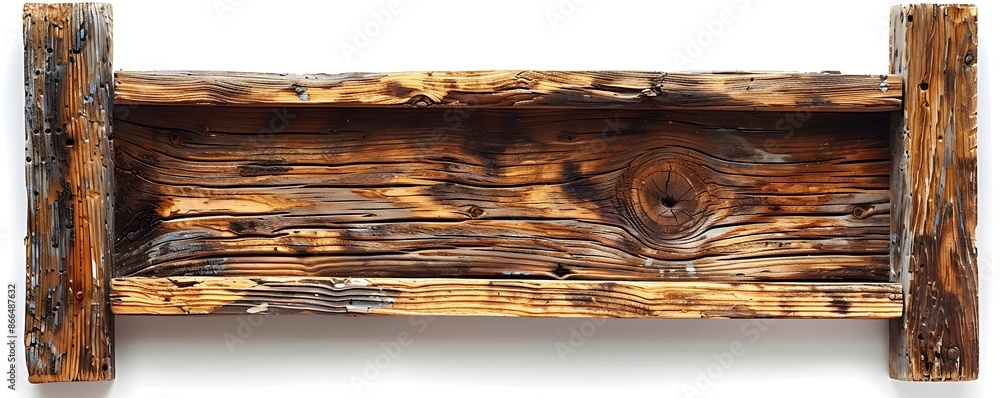 Poster rustic barnwood frame with visible knots and grain on white background with copyspace