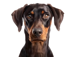 Closeup portrait of doberman sitting in front of camera isolated on transparent background