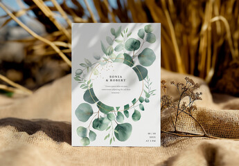 Save The Date Card Layout For Wedding Purpose With Watercolor Eucalyptus Illustration, Generative ai - Powered by Adobe