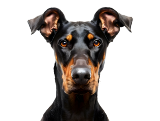 Closeup portrait of doberman sitting in front of camera isolated on transparent background