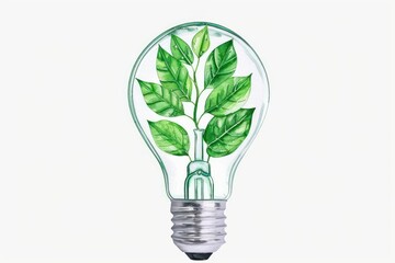 A watercolor image of a light bulb with green leaves inside, symbolizing clean energy, isolated on a white background