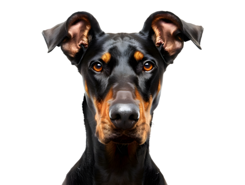 Closeup portrait of doberman sitting in front of camera isolated on transparent background