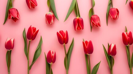 Obraz premium Pattern with red tulips evenly spreaded on pastel pink background, top view, minimal flat lay style.
