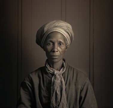 Female Black slave in America in the 1800s sitting in a room in a plantation in the South.