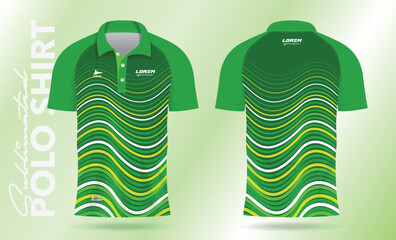 green polo shirt design for soccer jersey, football kit, sportswear. Sport uniform in front view, back view. T-shirt mockup with fabric pattern.