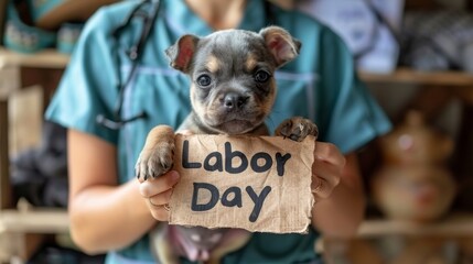 Veterinarian Celebrating Labor Day with Pet - Professional with "Labor Day" Sign in Natural Light
