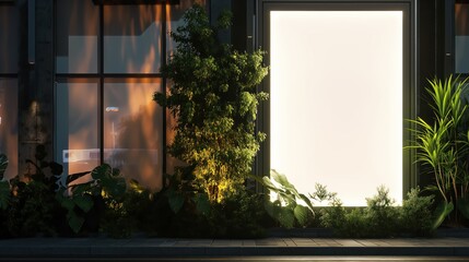 Blank White Poster Outdoors with Greenery at Night