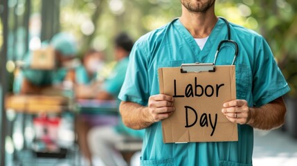 Healthcare Worker Holding Labor Day Sign