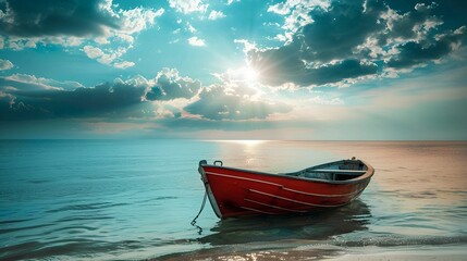 Fototapeta premium A red boat rests on the calm shore under a beautiful sky with sun rays breaking through the clouds, creating a peaceful and serene coastal scene.