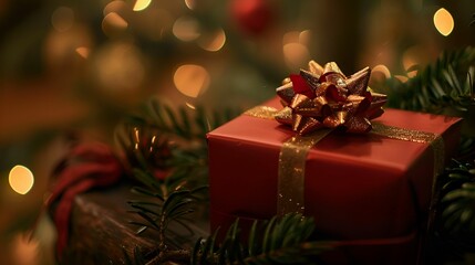 A beautifully wrapped Christmas gift box with a golden ribbon, surrounded by festive lights and pine branches.