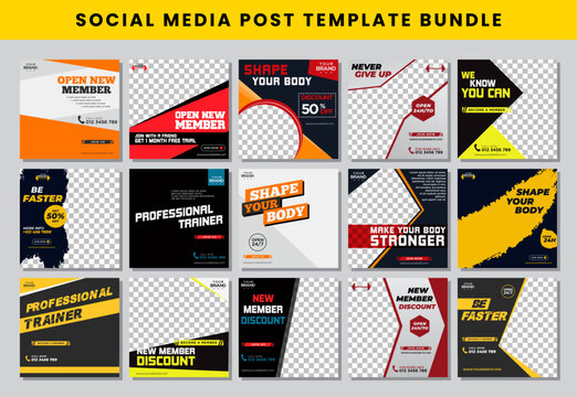 gym social media post design template Bundle set