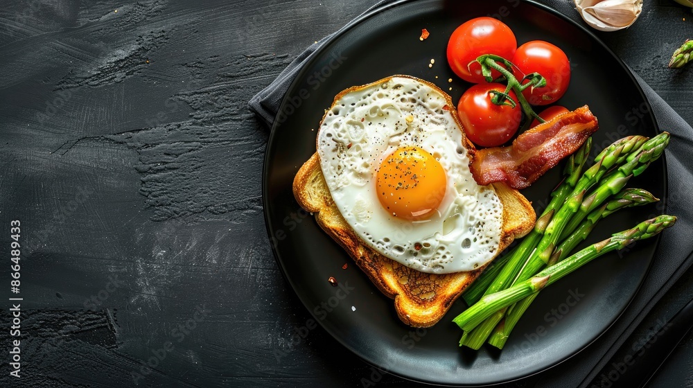 Poster overhead image of breakfast or lunch featuring fried egg toast asparagus tomatoes and bacon on black