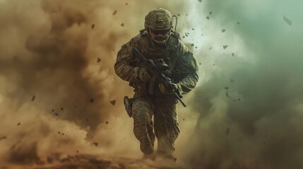 Military Soldier Running Through Dust and Smoke with Rifle in Hand During Combat