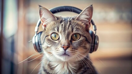 Naklejka premium A tabby cat wearing headphones indoors, looking directly at the camera