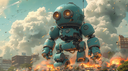 A blue robot is in the middle of a battle with a group of people