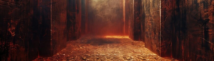 Eerie corridor with dim lighting, walls covered in rustic texture, and a mysterious ambiance, perfect for horror or fantasy themes.