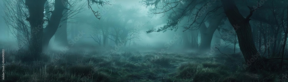 Poster eerie misty forest scene with dense fog and dark trees, creating a mysterious and haunting atmospher