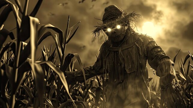 Eerie scarecrow with glowing eyes in a dark cornfield at sunset, creating a spooky Halloween atmosphere.