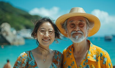 Asian senior couple enjoying their retirement and holiday travel, having fun together on the beach.