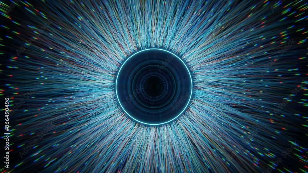 Poster 3d rendering digital eye with vibrant light streaks symbolizing data flow and technology. ideal for 