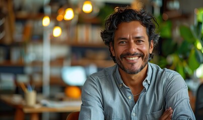 Fototapeta premium Confident Latino businessman smiles in modern office, implying successful ownership and self-employment. (150 characters)