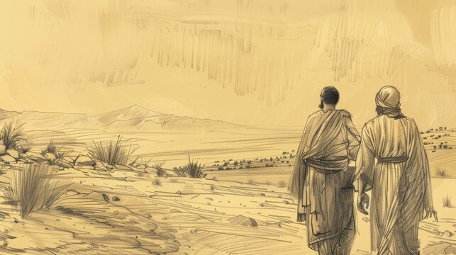 Numbers:Balaam&rsquo;s Prophecies,Numbers Balaam and Balak Parting, Balaam Heading Home, Balak Disappointed, Moab Plains, Beige Background, Copyspace