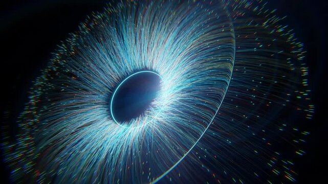 3D rendering abstract digital eye concept with radiating light and particles in motion, emphasizing futuristic themes
