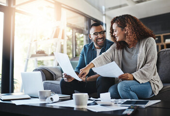 Growth, financial documents or happy couple with budget paperwork and planning savings in home....