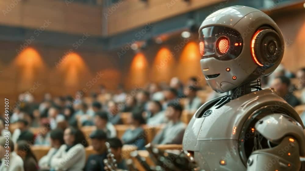 Aufkleber a white humanoid robot stands in front of an audience, addressing them. the robot has glowing orange