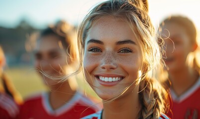 Confident young female soccer player trains with teammates outdoors, fostering teamwork and the spirit of the sport.