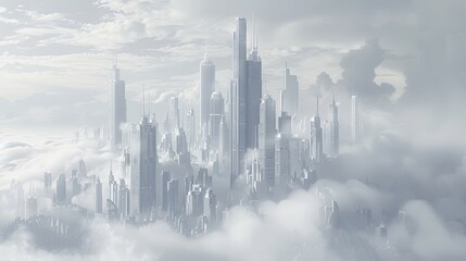 Fototapeta premium A cityscape enveloped in morning mist, with towering skyscrapers emerging into a cloudy sky, adding a layer of mystery and tranquility to the urban environment