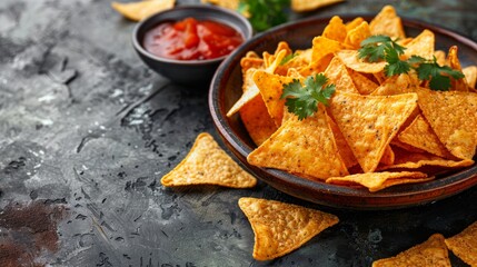 Crispy nachos with salsa dip on a dark background. Mexican food, snacks, and appetizers.