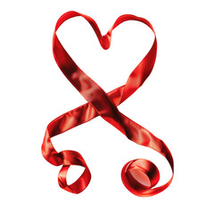Red ribbon shaped as heart on white background. 
