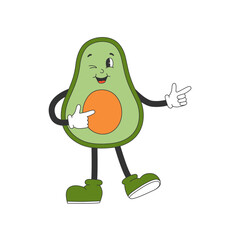 Cute avocado in groovy style. Cartoon character in trendy retro style. Isolated vector illustration. 