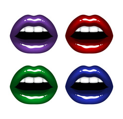 Beautiful sexy plump glossy female lips in dark red, lilac, blue and green colors. Set of isolated vector illustrations on transparent background