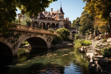 Obraz premium Budapest, Hungary, the City Park (Városlinget), with lakes and Vajdahunyad Castle., generative IA