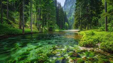 Obraz premium A lush green forest with a crystal-clear river flowing through it, surrounded by tall trees.