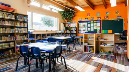 Show the school building with its various classrooms, hallways, and playgrounds. Include details such as students moving between classes, teachers engaged in instruction, and colorful bulletin boards 