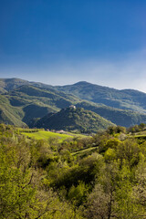 A view of Mount Antuni on Lake Turano, near the village of Castel di Tora, Rieti, Lazio, Italy. The...
