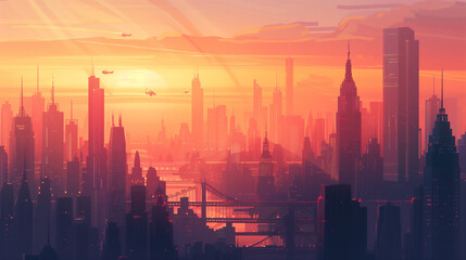 Futuristic cityscape at sunset over a sprawling metropolis