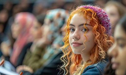 Smart, multi-ethnic students study diligently at college, listening attentively to a lecturer and jotting down notes in their notebooks.