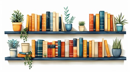 Book rows, stacks on shelves set. Kids literature spines, school textbooks and plants on bookcase, bookshelf. Home library. Colored flat graphic vector illustrations isolated on white background