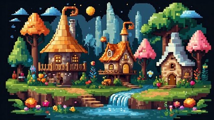 Fototapeta premium Wallpaper like pixel art, fairytale village game style