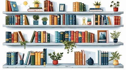 Book rows, stacks on shelves set. Kids literature spines, school textbooks and plants on bookcase, bookshelf. Home library. Colored flat graphic vector illustrations isolated on white background