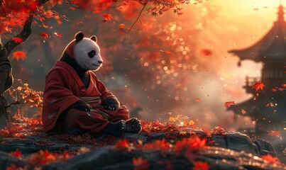Panda meditates serenely in a traditional Chinese temple, embodying Zen's tranquility.