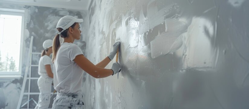Professional Painters Applying Plaster on Wall in Modern Home Renovation Project