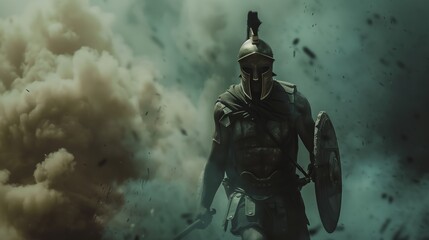 Greek Hoplite Warrior Advancing with Spear and Shield Through Smoke